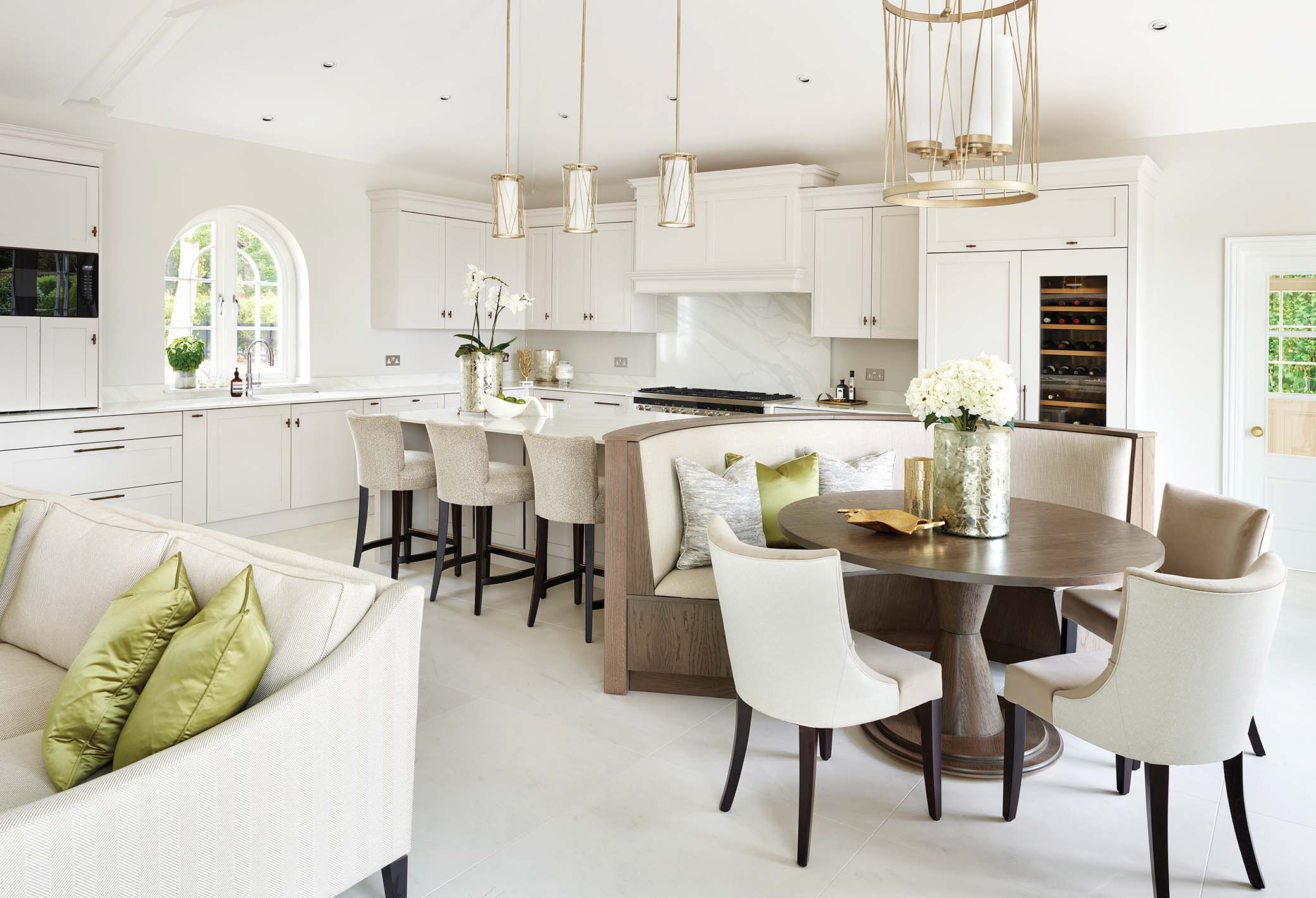 bespoke kitchen in perthshire with curved dining seating and sofa