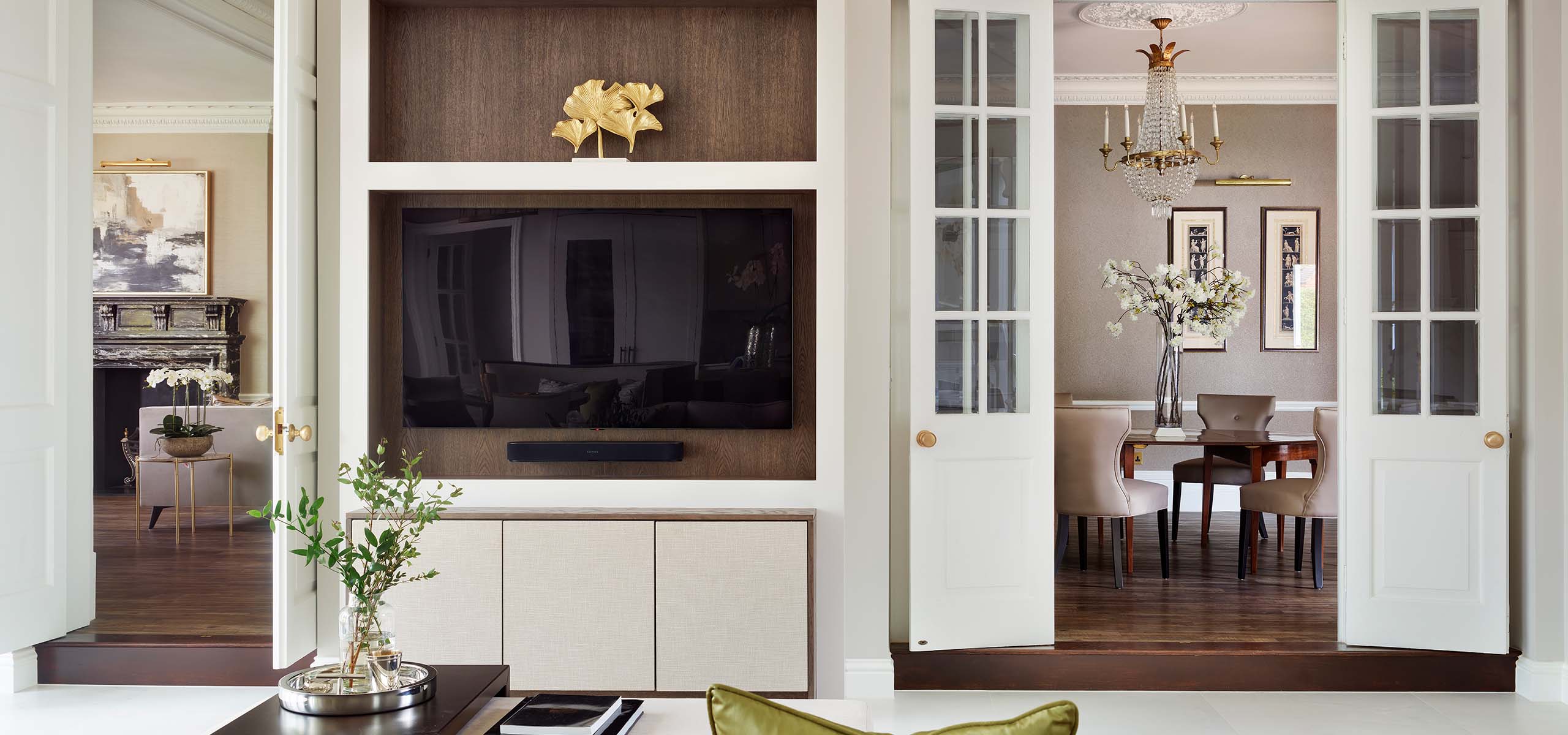 Bespoke Living Space Media Wall Perth Scotland handcrafted media wall with tv and wood panelling