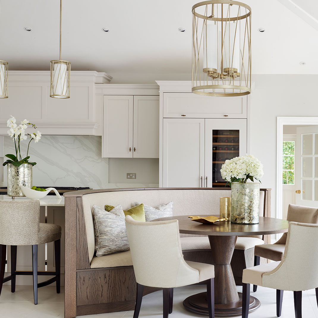 Lyon Layon Shaker Kitchen Curved Banquette Lyon Layon Shaker kitchen with light grey cabinetry, an integrated wine cooler, and a curved dining banquette